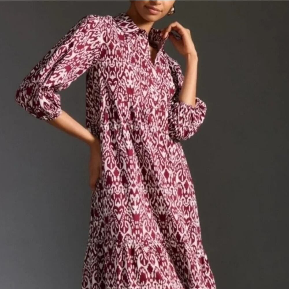 Anthropologie Maeve The Bettina Cotton Shirt Dress Wine White Print Size Small - Picture 2 of 10